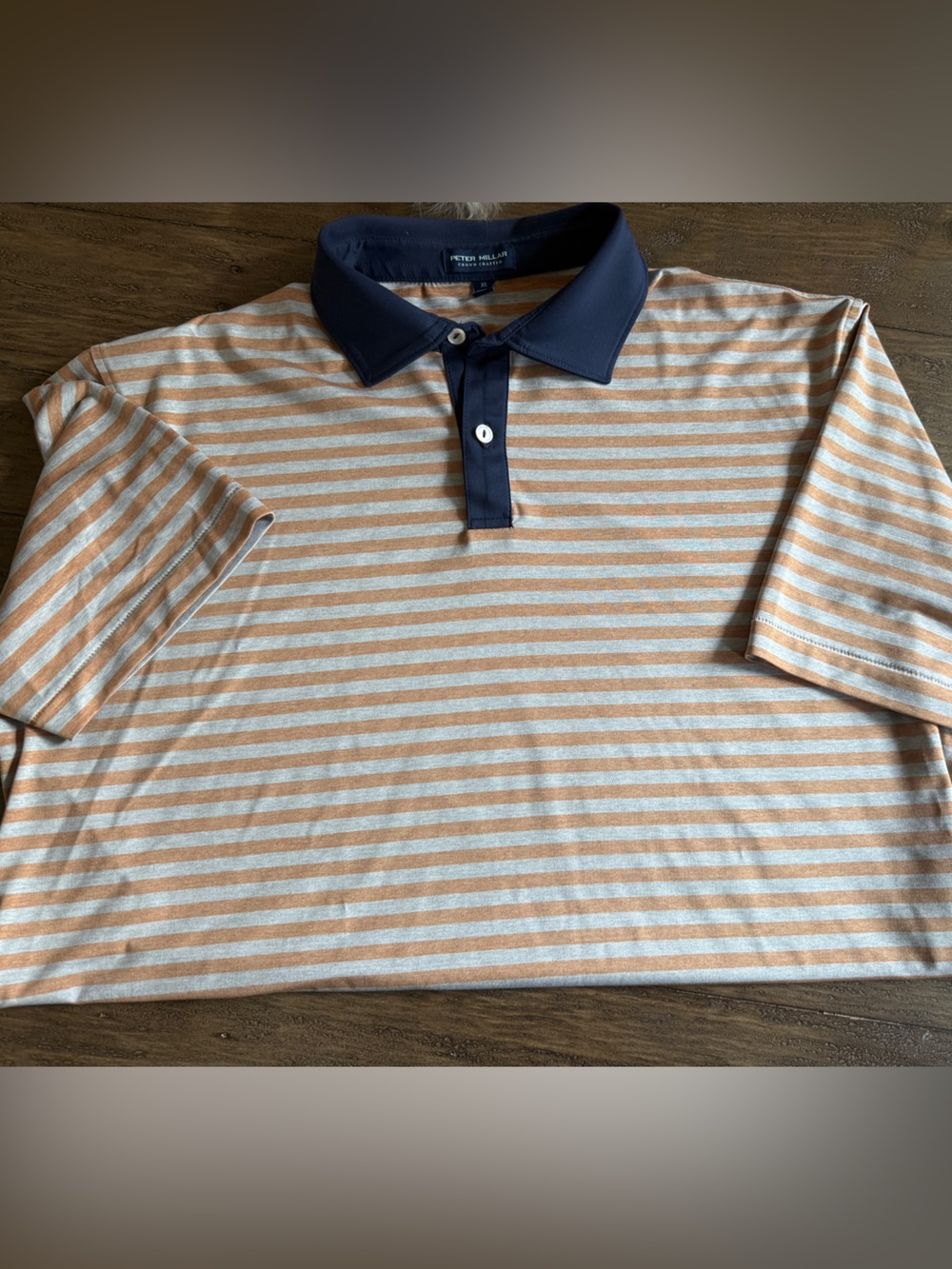 Peter Millar Striped Polo in Navy Blue and Orange Tan Men XL